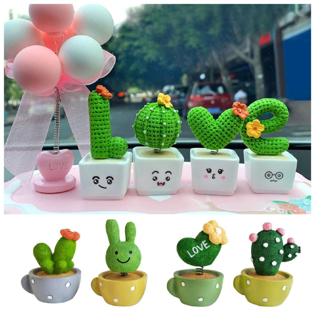 Pajangan Mobil Kaktus Mini 4 in 1 Hiasan dashboard Mobil Kepala Goyang