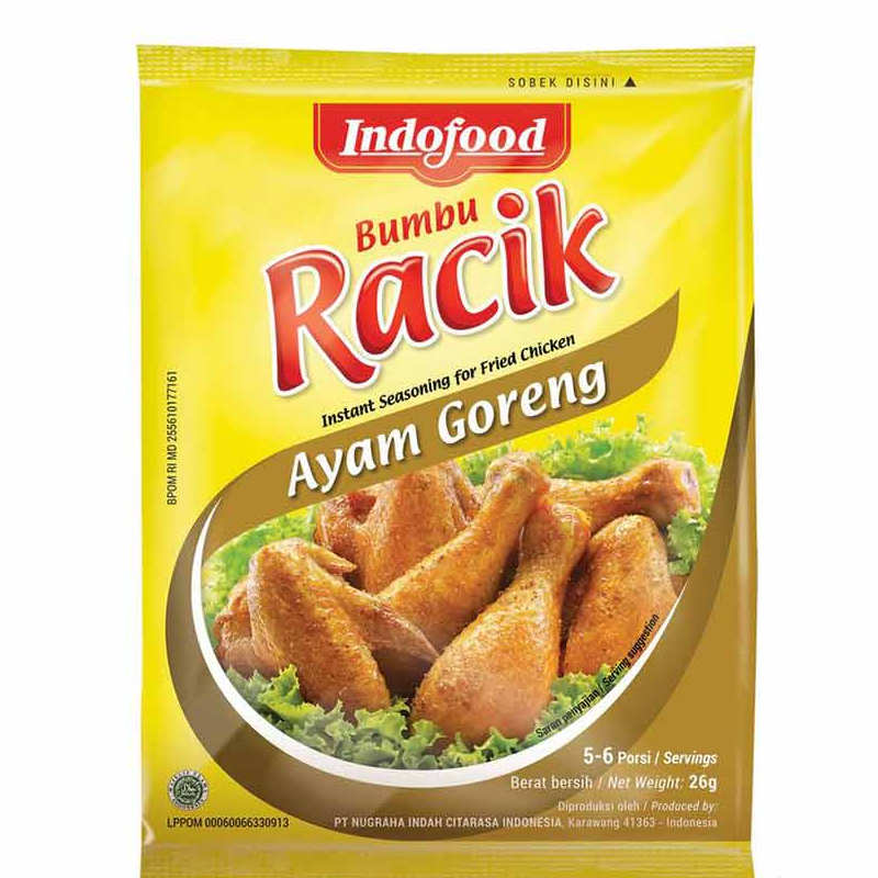 

Indofood Bumbu Racik Ayam Goreng 26G/ Ikan Goreng 20G/ Sayur Asem 33G/ Sayur Sop 20G/ Nasi Goreng 20G