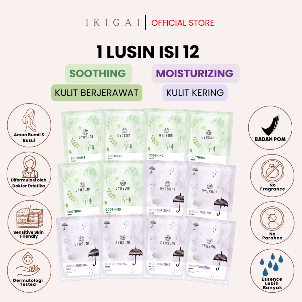 1 Lusin 12 pcs Soothing + Moisturizing Sheet Mask Oyasumi Mask Mencerahkan Menenangkan Melembabkan K