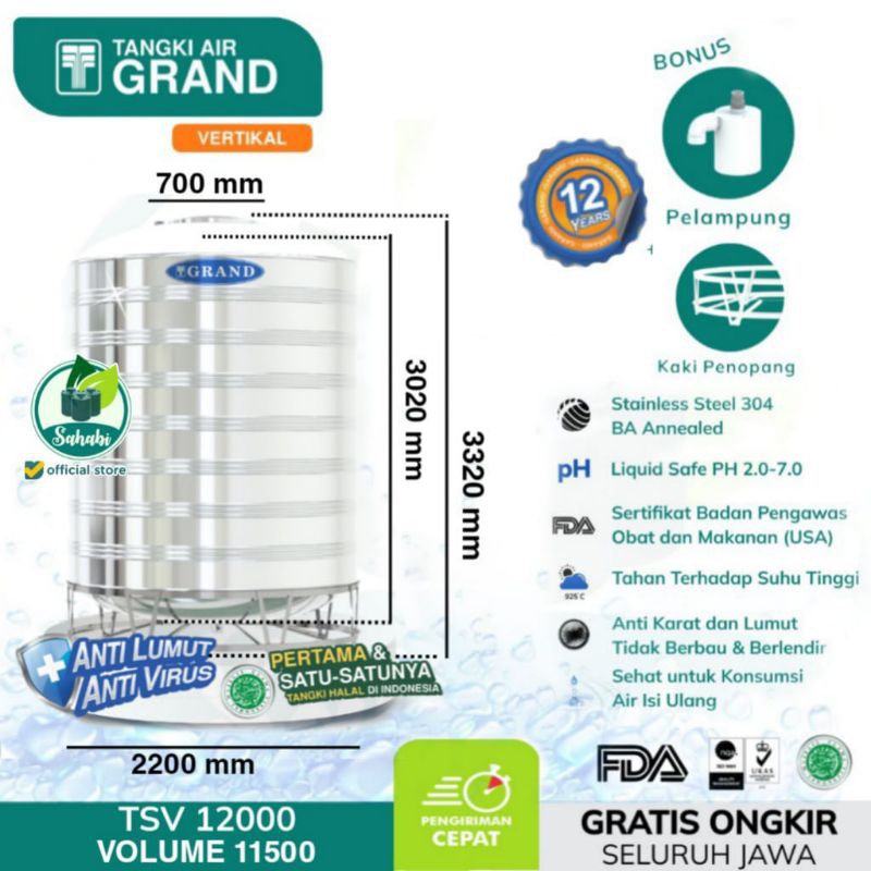 Tandon Air / Toren Air / Tangki Air Stainless Grand TSV 12000 Anti Lumut & Bersertifikat Halal