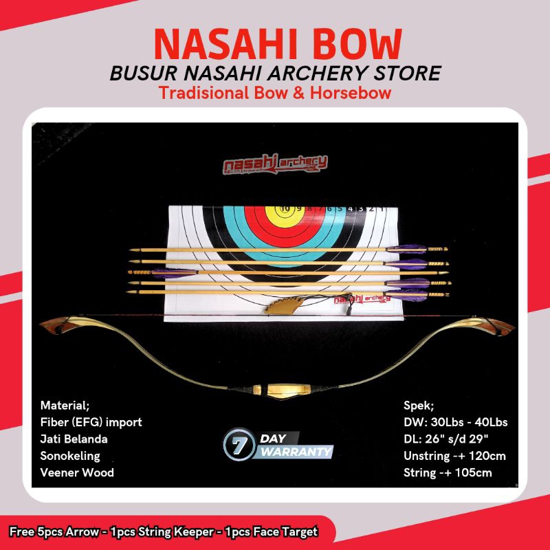 PAKET LENGKAP BUSUR PANAH TRADISIONAL HORSEBOW - NASAHI BOW BY NASAHI ARCHERY - BENDING PREMIUM