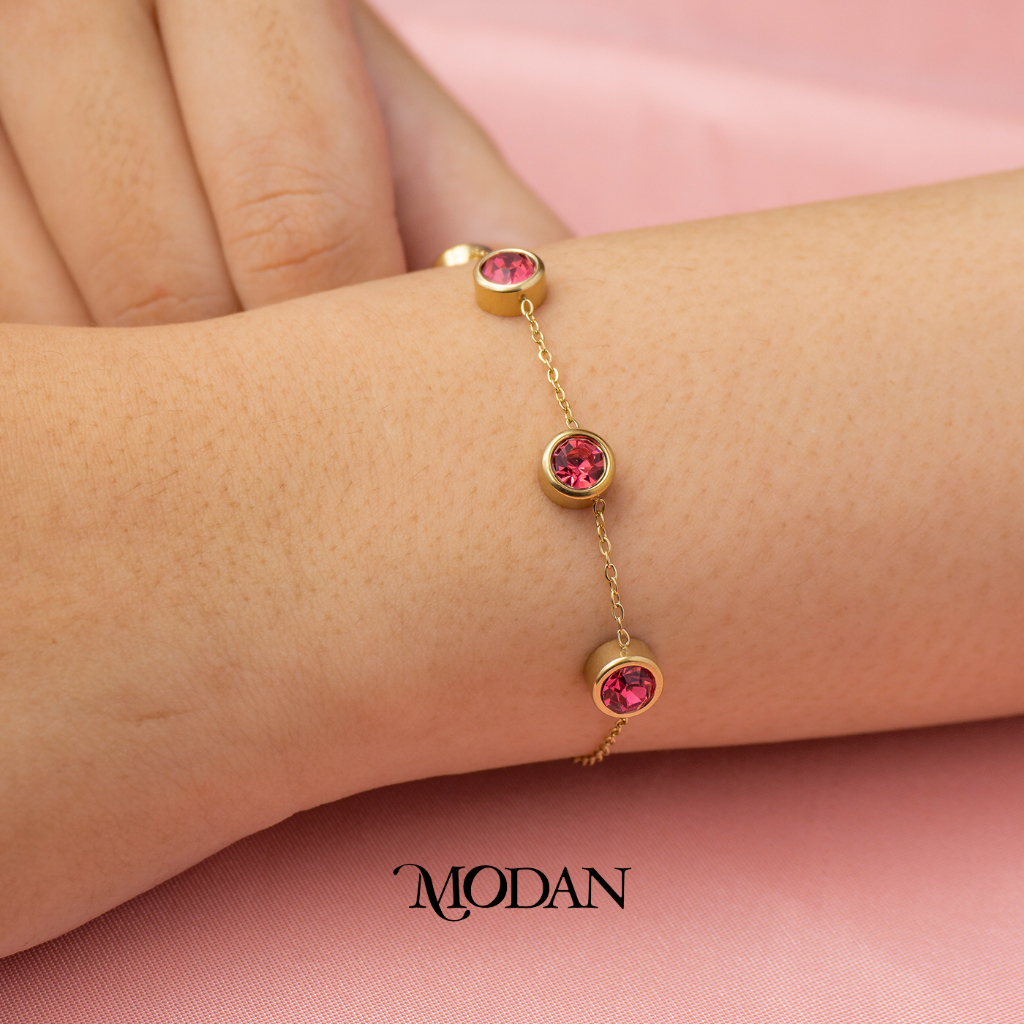 Modan - Titanium Sparkling Red Bezel Set Dainty Bracelet Gelang Stainless Steel Permata Merah
