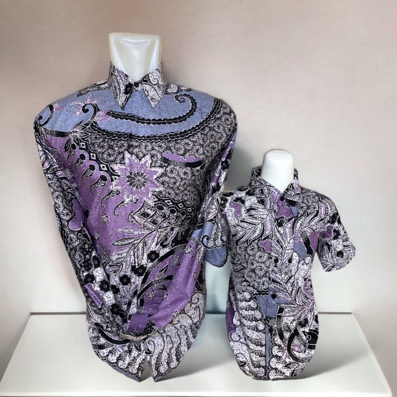 Batik COUPLE ayah dan anak  lengan panjang lapisan furing Warna lavender,warna lilac,warna ungu,kemeja batik pria lengan panjang premium