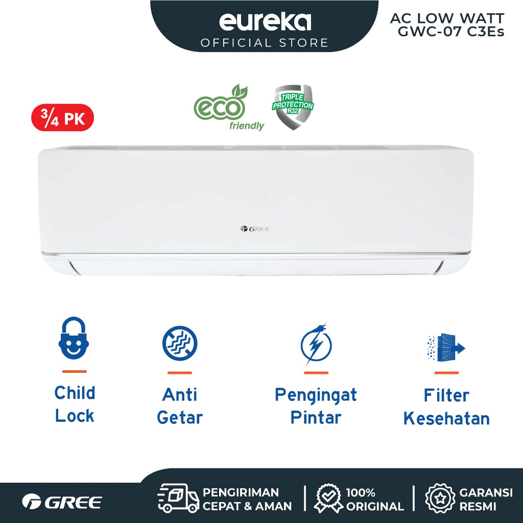 AC GREE 3/4 PK DELUXE LOW WATT - PUTIH [INDOOR+OUTDOOR UNIT ONLY] - Mobel GWC-07C3E(S)