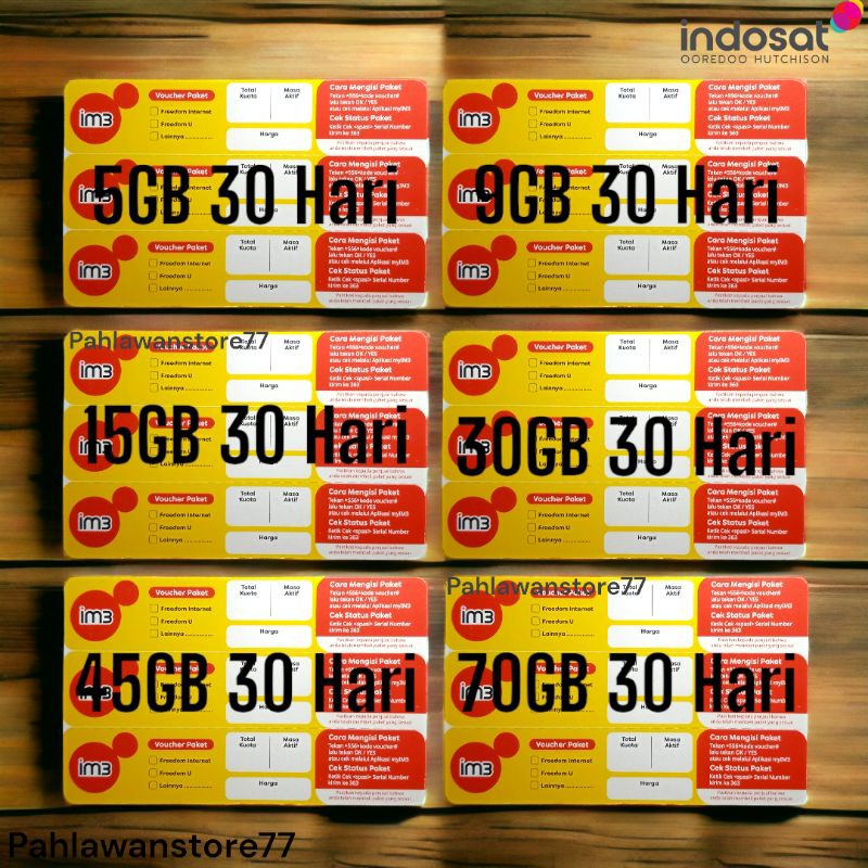 Voucher Kouta Indosat / Paket Data im3 Bulanan (GROSIR, BACA DESKRIPSI)
