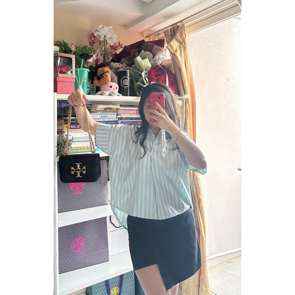 ALAMA Kemeja Wanita Oversize Import Katun Jepang Motif Salur