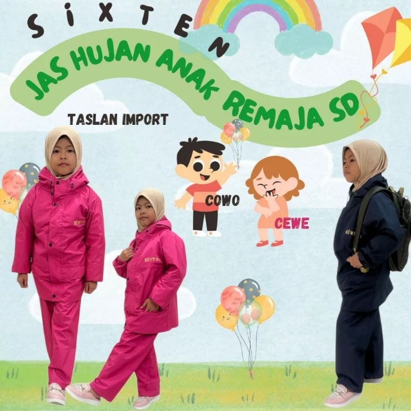 Jas Hujan Anak SIXTEEN Stelan Baju Celana Bahan Taslan Import Anti Air