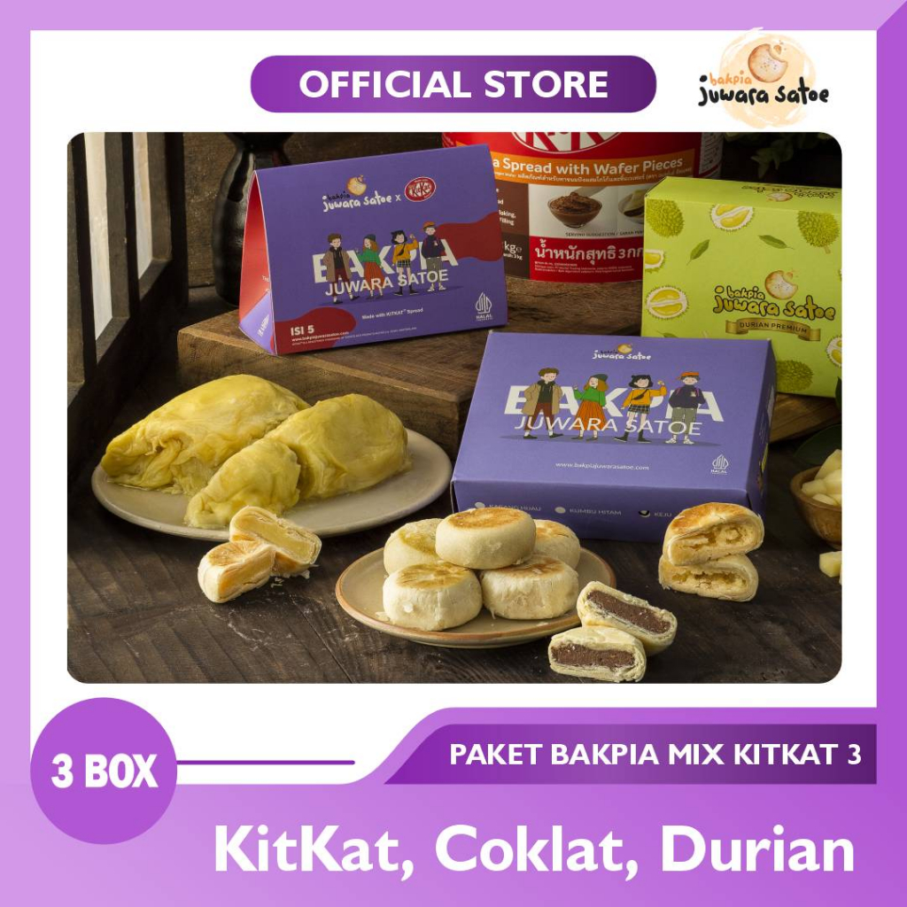 

BAKPIA JUWARA SATOE [ 3 Box ] Paket Bakpia Basah Kitkat (Kitkat, Durian, Coklat) - Oleh Oleh Khas Jogja