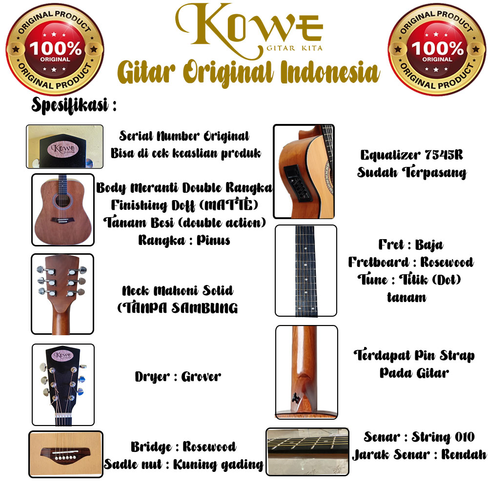 Gitar Akustik Elektrik MERK Kowe SERI SE 74 NS/NA Equalizer 7545 Ori Free Packing Kayu