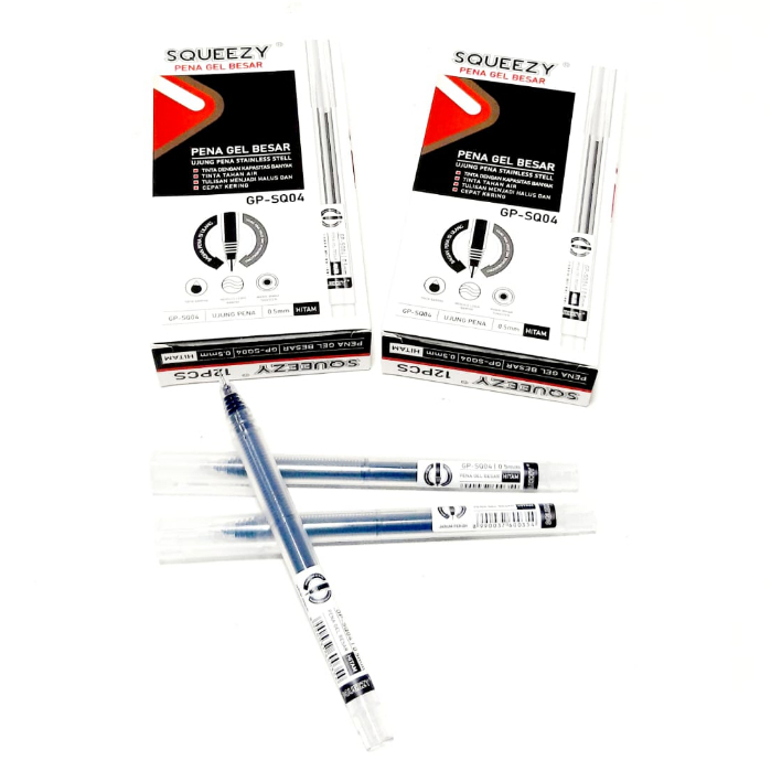 

Harga Grosir Per (1Dus/12Kotak/144pcs ) Pulpen Pena Gel BESAR 0.5mm GP-SQ04 TINTA HITAM SQUEEZY