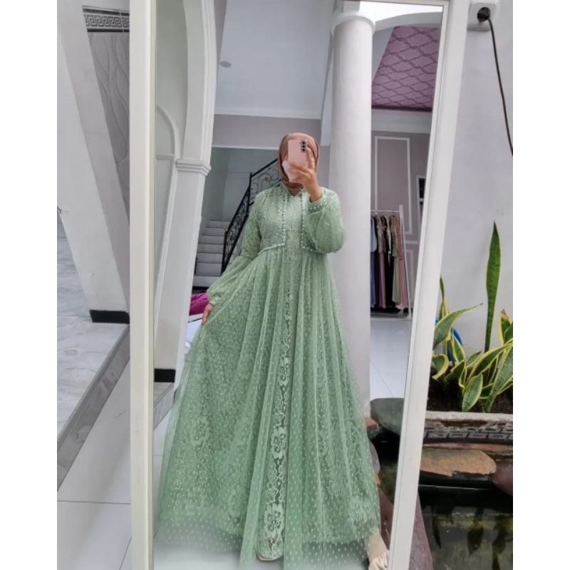 Gamis Ozias Aurel motif bunga Busui kondangan Lebaran mymyFashion / Dress maxi brokat import premium