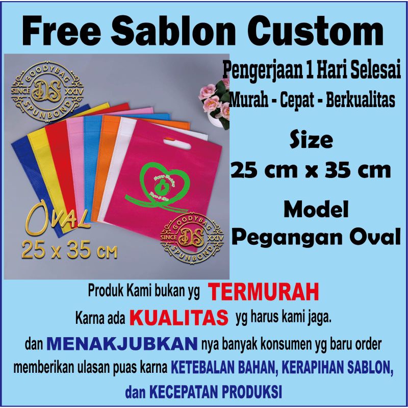 

Tas oval 25x35cm+sablon 1sisi 1 warna / tas wedding / tas kantong / tas laken / tas spunbond / tas seminar