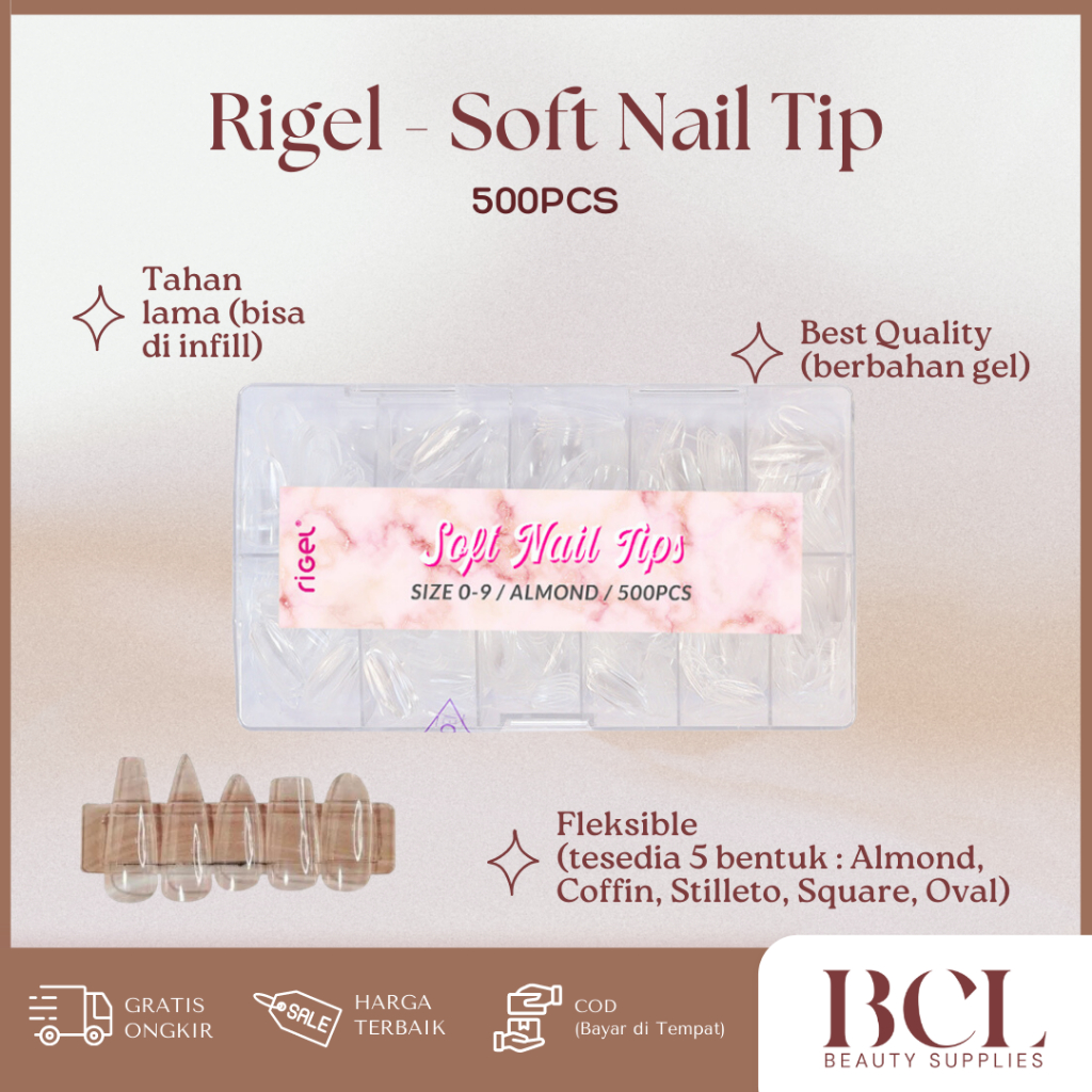 RIGEL - Soft Nail Tips 500pcs Almond Coffin Stiletto Square Oval