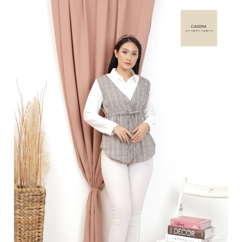 Atasan Wanita Blouse Wanita Bahan Katun Kombinasi Kotak - Nami