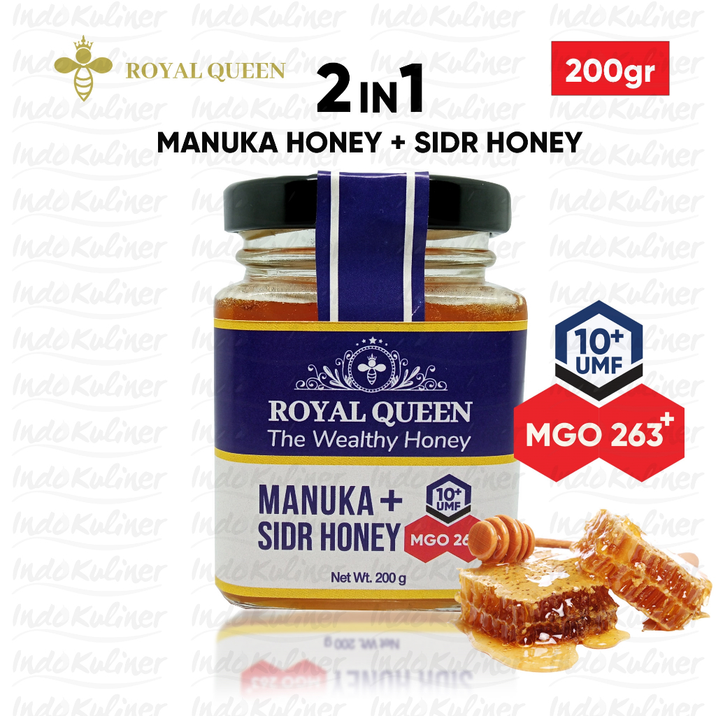 

Madu Manuka UMF 10+ MGO263+ Plus Sidr Honey Blend Royal Queen 200 Gram By Indokuliner