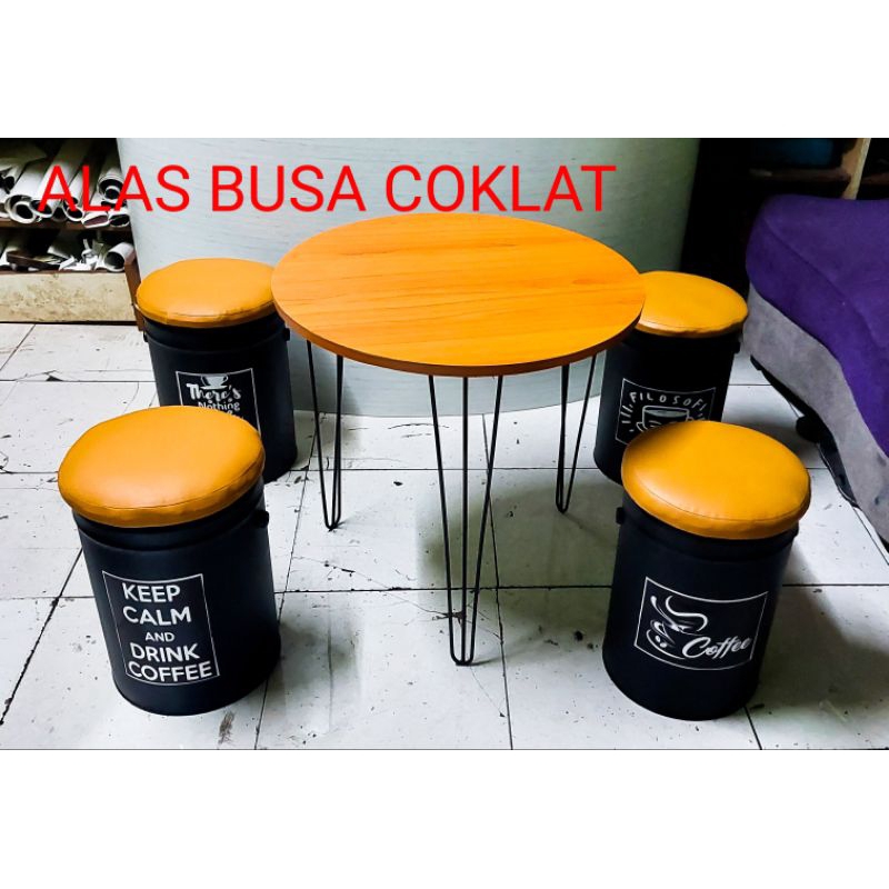 Set 4 Kursi Drum Besi 1 Meja Kayu Anti Air