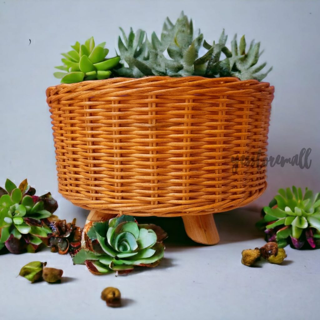 keranjang rotan bulat besar vas bunga bulat guci rotan wadah bunga cantik