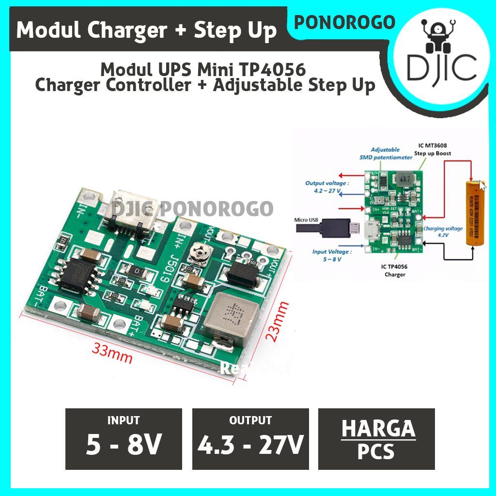 Modul Mini UPS TP4056 Charging Controller Plus Adjustable Step Up MT3608 18650