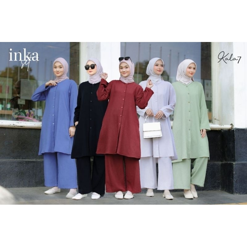 ONE SET POLOS TUNIK & CELANA PANJANG BAHAN CRINKLE INKA SET BY KALA7 | One Set Denim |