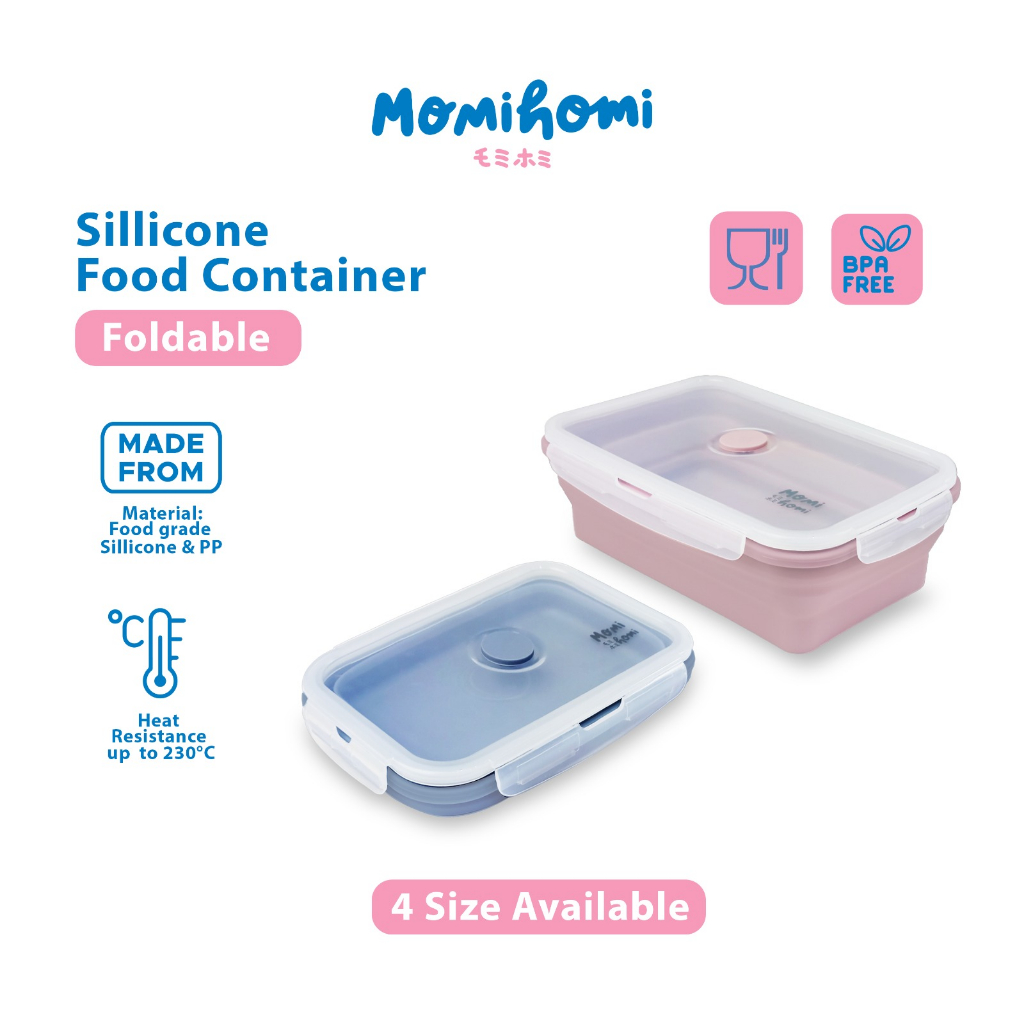 Momi Homi Silicone Food Container Tempat Penyimpanan Makanan Bahan Silikon Foldable Praktis Anti Tumpah Food Grade Aman Kotak Makan Kotak Bekal Lunch Box Portable Kotak Makan Lipat Terdapat Katup Udara Desain Elegan Dapat Dibawa Kemanapun Warna Menarik