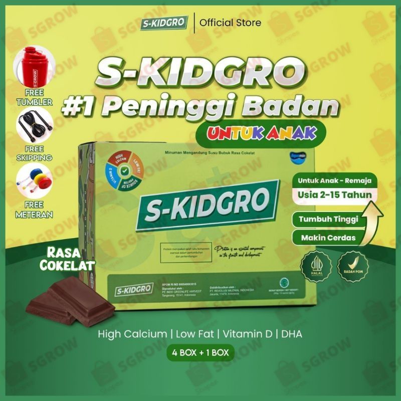 S-Kidgro - Suplemen High Protein Kalsium Peninggi Badan Anak ( Paket Diamond 4 Box + 1 Box ) FREE SKIPPING + METERAN + TUMBLER
