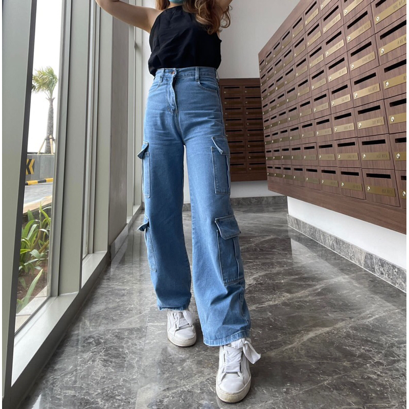 Zura Cargo Jeans | Celana Cargo Jeans | jeans wanita viral Kantong Banyak | In Trending