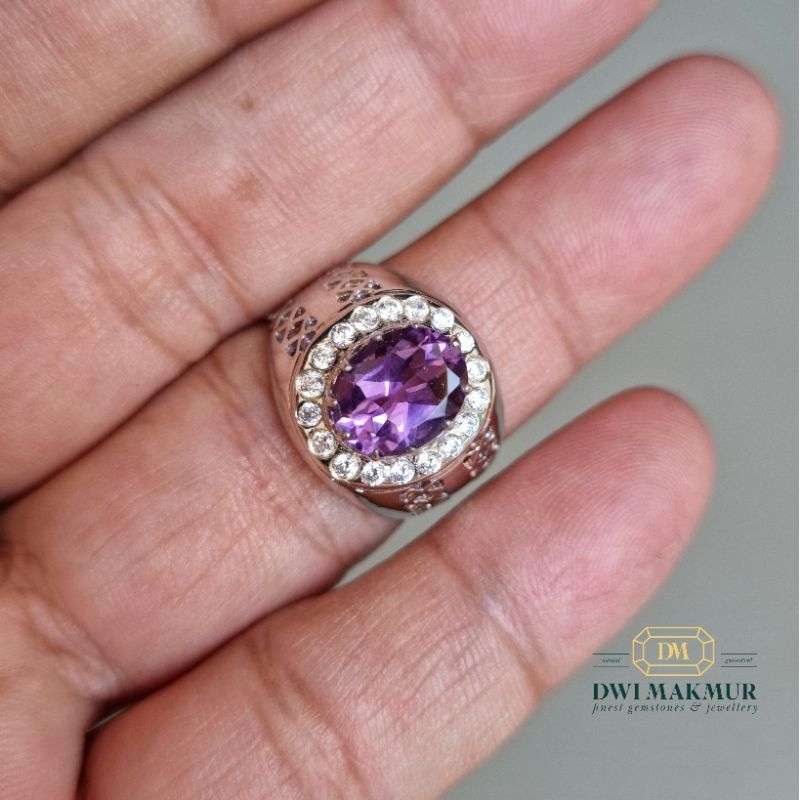 Certified Sparkling AMETHYST Men's Silver Ring Gold Plated