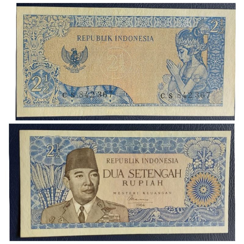 Uang Kuno Indonesia Series Sukarno 2,5 rupiah 1964 Kondisi AUNC Bagus Dua Huruf Original 100%