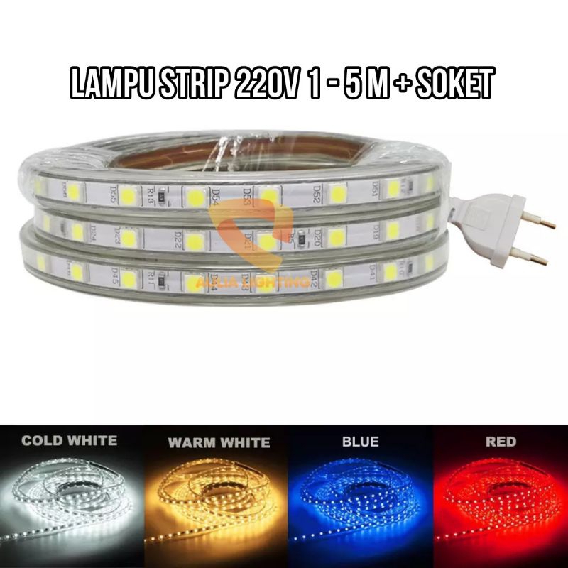 PAKET LAMPU LED STRIP SELANG KOTAK SMD 5050 1M 2M 3M 4M 5M - 1 2 3 4 5 6 7 5 METER HIAS PUTIH KUNING MERAH BIRU HIJAU PINK OUTDOOR HIAS PLAFON CEILING KAMAR TIDUR MINIMALIS LED SNI EMICO 220V