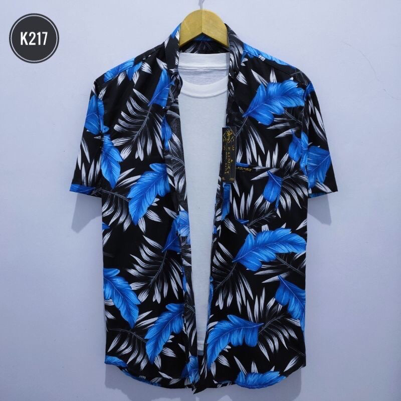 Kemeja Pantai Pria Motif Lengan Pendek Hem Surfing Motif Daun Biru