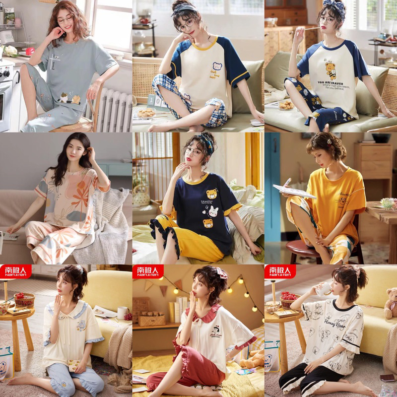 BAJU TIDUR PIYAMA PEREMPUAN CEWEK WANITA KAOS KATUN IMPORT BERKUALITAS LENGAN PENDEK SETELAN CELANA PANJANG 7/8 SELUTUT MOTIF CANTIK TERBARU SIZE L-XXL FIT TO 80KG WARNA CERAH