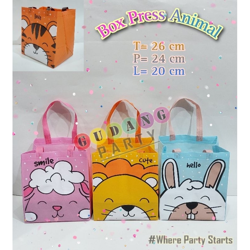 Spunbond Box Press Animal/Tas Ultah Animal/Tas Souvenir Ultah/Goody Bag/Tas Bingkisan