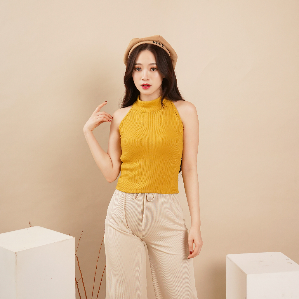 OROY Tanktop Hight Neck Korean Tank Top Turtle Neck Crop Wanita Polos Rib Knit OR2030