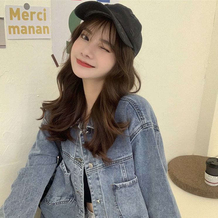 EUNII Korean Style Jaket Denim Wanita Lengan Panjang Crop Jacket Atasan Wanita