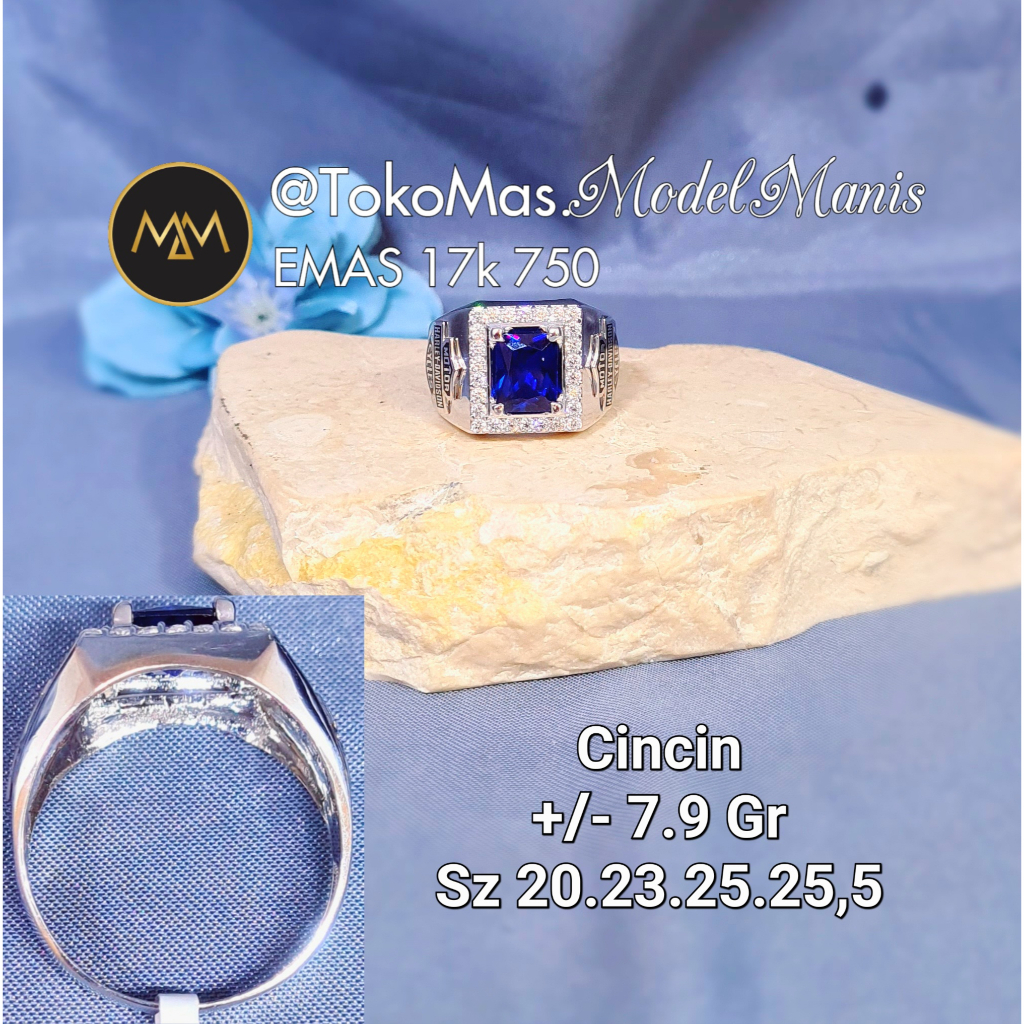 Cincin pria batu biru kotak emas putih 750 kadar 17k