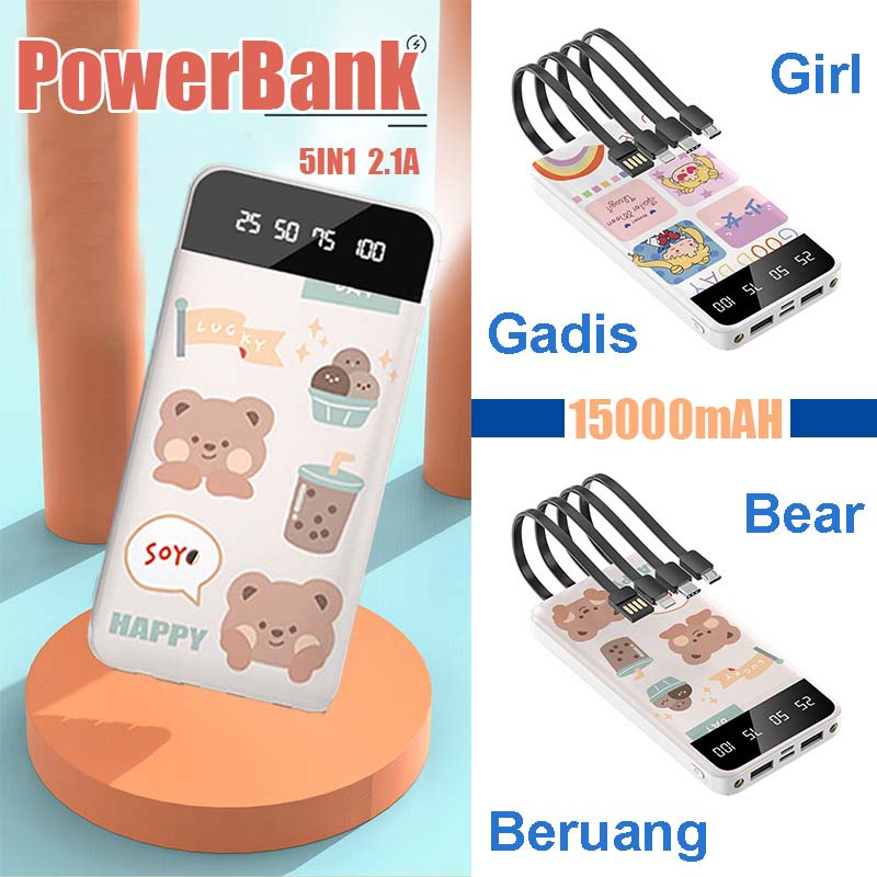 15000mAh Powerbank iPhone/Micro/Type c 5in1 with Cable Fast Charging LED Cute Mini Kartun Mirror Screen Digital Display Dual USB Portable Flashlight 2.1A Phone Battery Backup Powerbank USB xiaomi sumsung huawei ip Power Bank Slim Original bank daya Gift