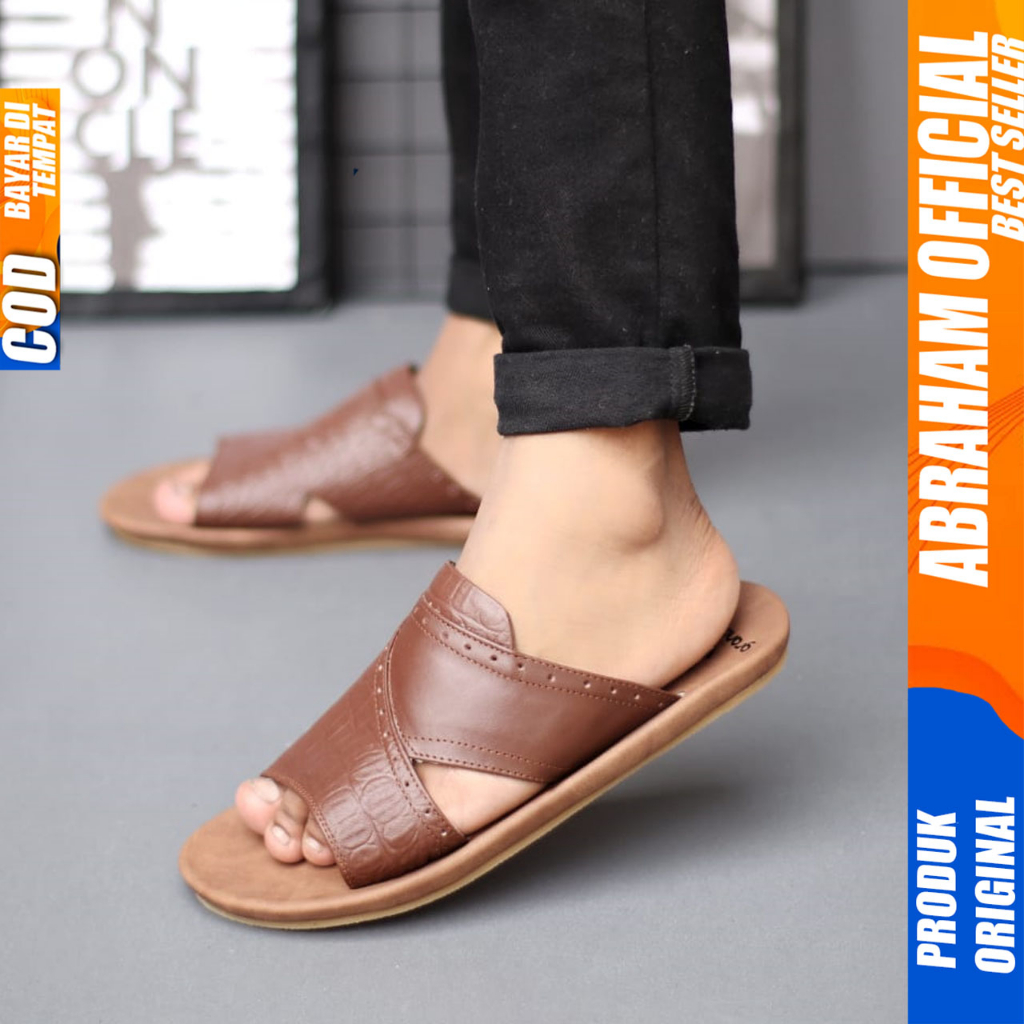 Sandal Slide Pria Kulit Asli Sendal Slop Original Abraham