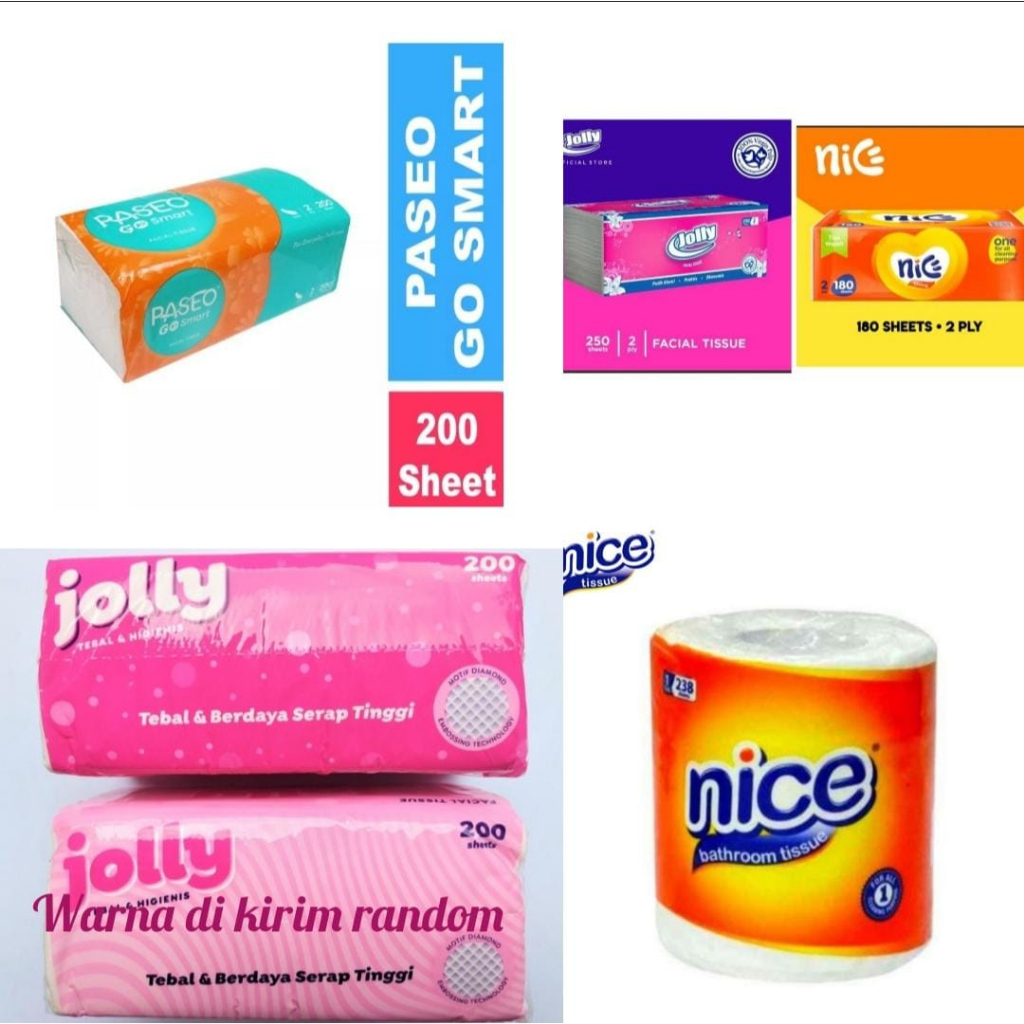 TISSUE JOLLY 250 SHEET NICE 180 SHEET PASEO 200'S NICE TISU TOILET 1 ROLL