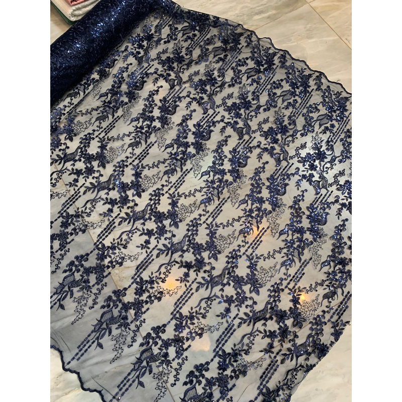 Kain Bahan Kebaya Brokat Brukat Tile Bordir Payet Mewah Gracia Warna Blue Biru Navy
