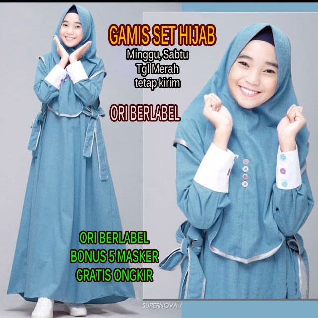 DRESS ANAK GAMIS MUSLIM ANAK PEREMPUAN SET KHIMAR KERUDUNG USIA 9 10 11 12 13 14 15 16 TAHUN SERAGAM
