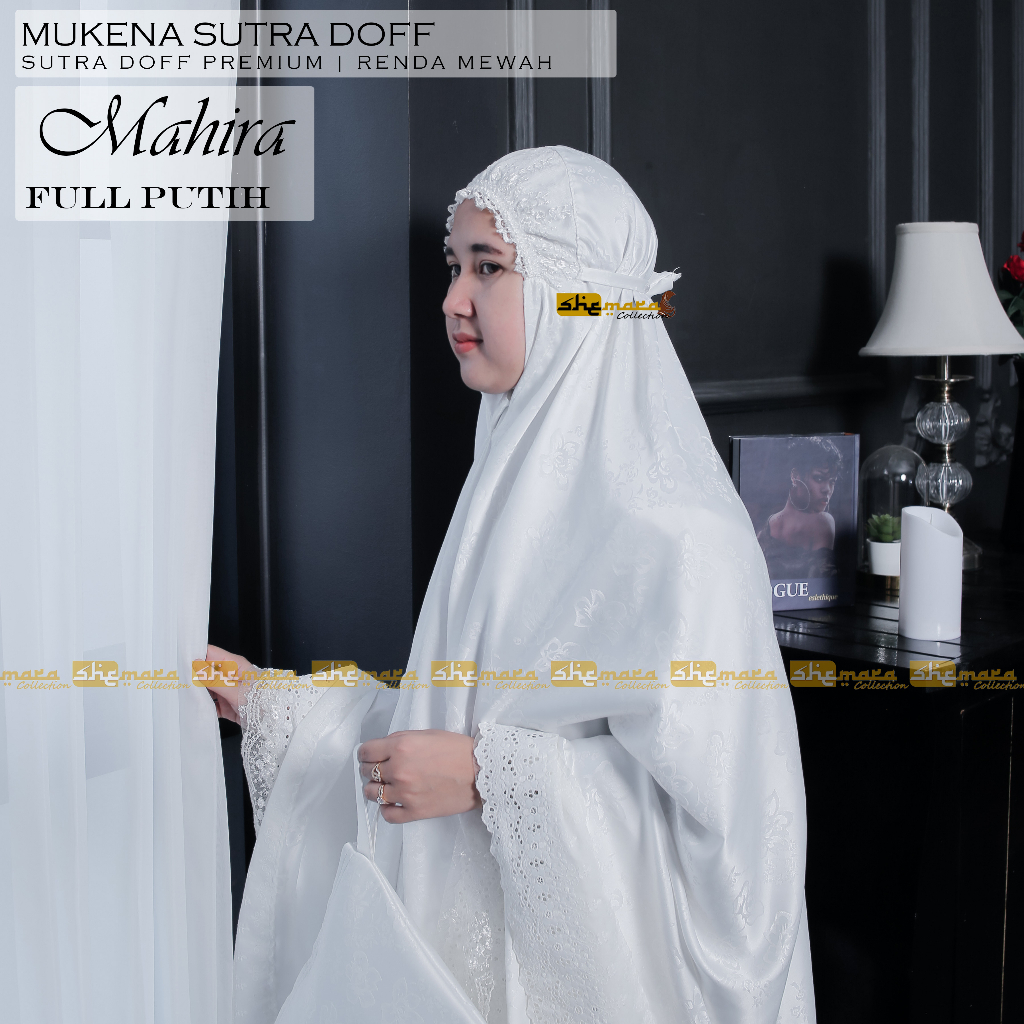 Mukena Dewasa Putih Sutra Doff Corak Bunga Mewah Silk Premium [SheMara] - MahiraSeries