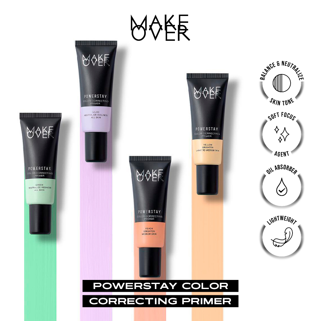 MAKE OVER POWERSTAY Color Correcting Primer - Primer menetralkan warna wajah mencerahkan menghilangkan kemerahan tahan lama hasil matte cocok sebelum makeup hijau ungu oranye kuning