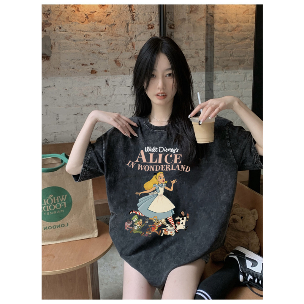 EUNII T-shirt Lengan Pendek Black Washed Retro Cartoon Alice In WonderlandPrinting Korean Style/Kaos Atasan Wanita/Baju Wanita/Kaos Wanita