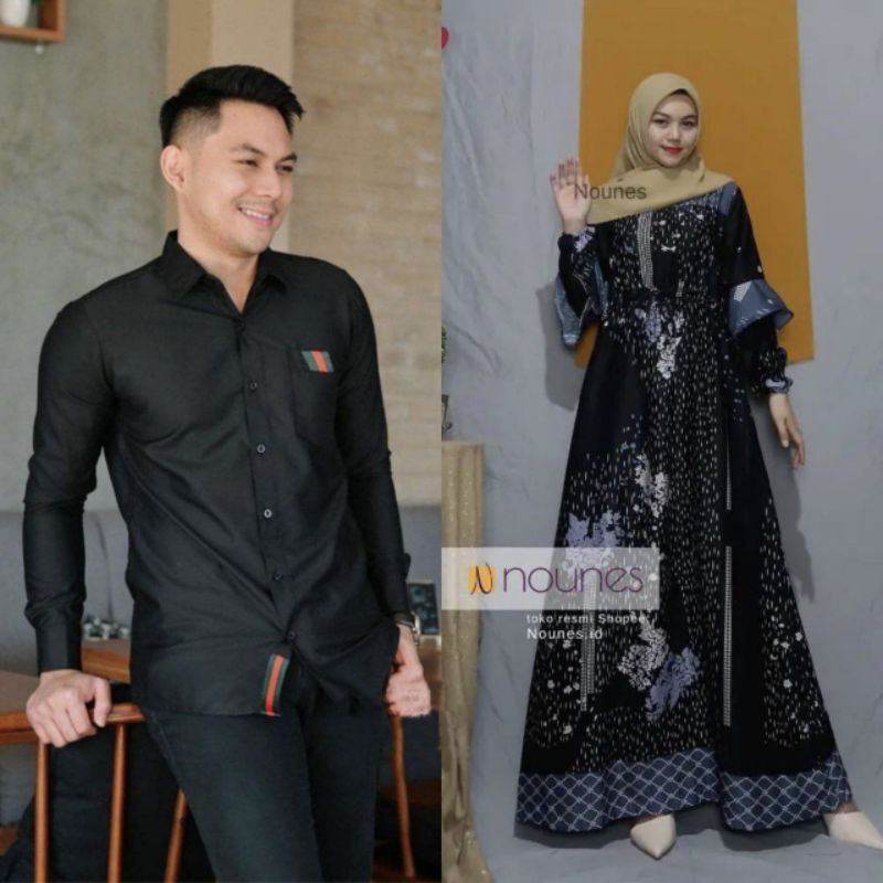 SM COUPLE HUJAN RINTIK BUSANA MUSLIM SARIMBIT PASANGAN WARNA HITAM NAVY MERAH COKSU BAJU SARIMBIT LE