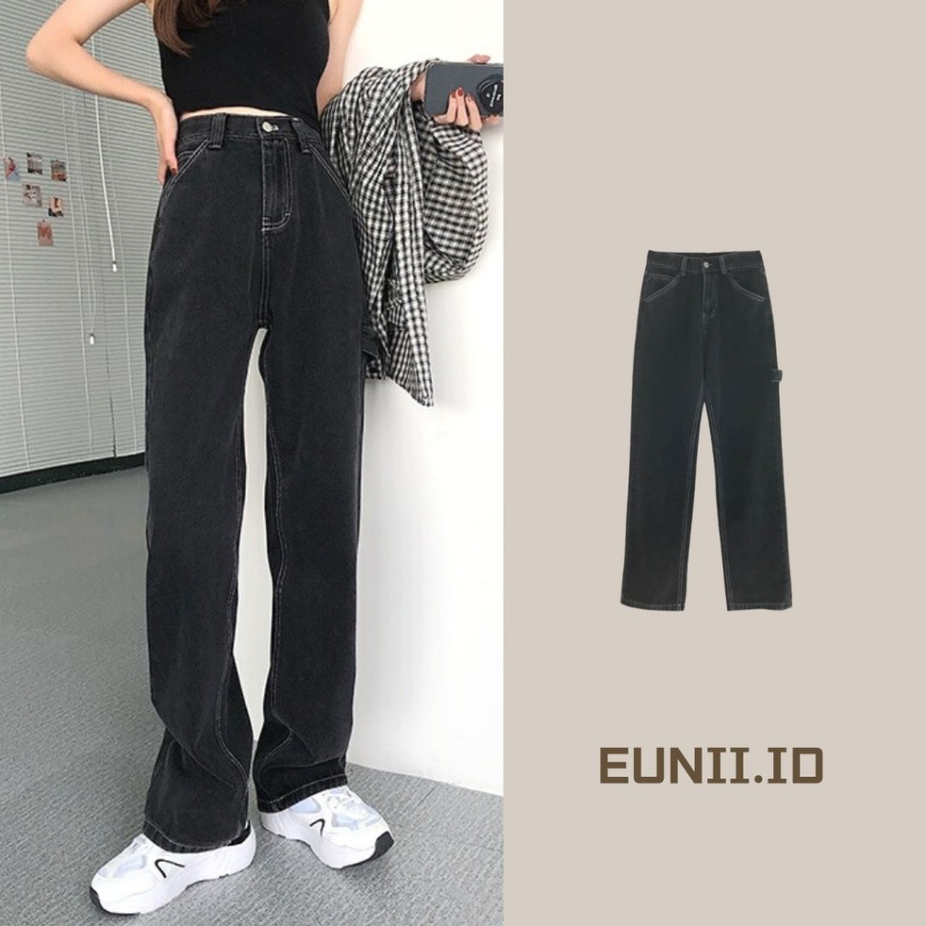 EUNII Celana Jeans Wanita Hitam Tipis Loose High Waist Straight Pants Korean Style