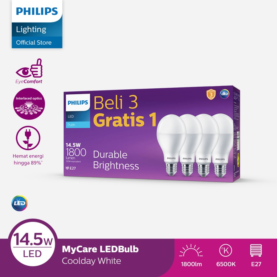Lampu Philips Multipack LEDBulb 14.5W E27 6500K 230V Putih
