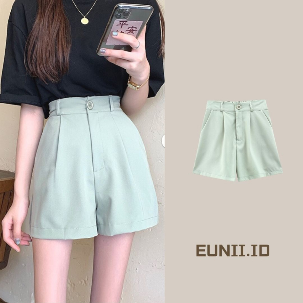 EUNII High Waist Hitam Casual Celana Pendek Kasual  Shorts