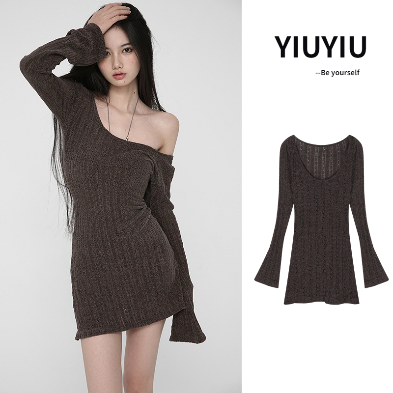 YIU YIU Rajut - Korea Bodycon Square Neck Mini Dress Wanita Sexy Knit Dress Long Sleeves