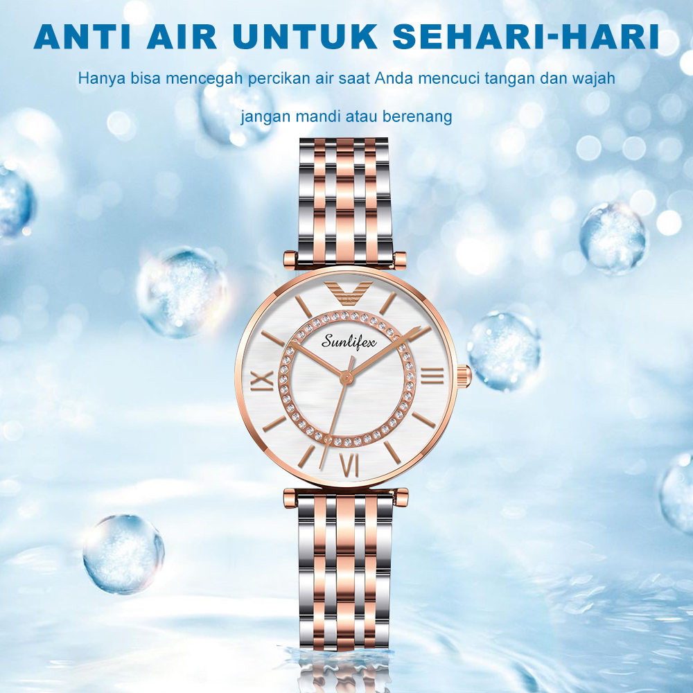 SUNLIFEX Jam Tangan Wanita Original Berlian Putaran Dial Tampilan Jam Tangan Wanita Anti Air Kuarsa Tali Stainless Steel Mode Bisnis Jam Tangan Cewek