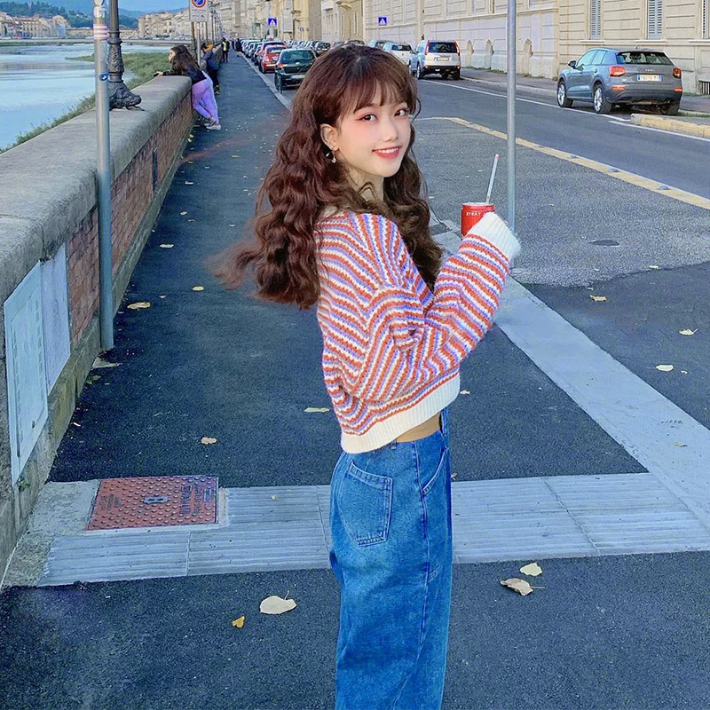 YIU YIU Rajut - Retro Sweater Crop Long Sleeve Import Stripes Baju Rajut Wanita Lengan Panjang